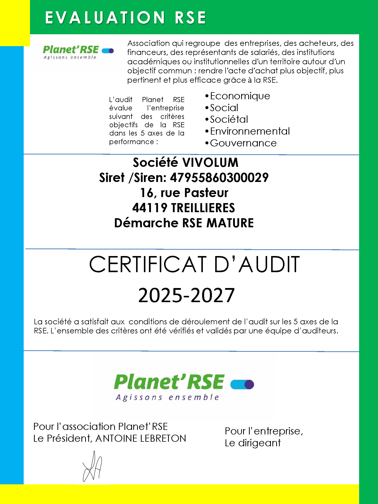 Certificat Vivoulum Planet RSE 2025-2027